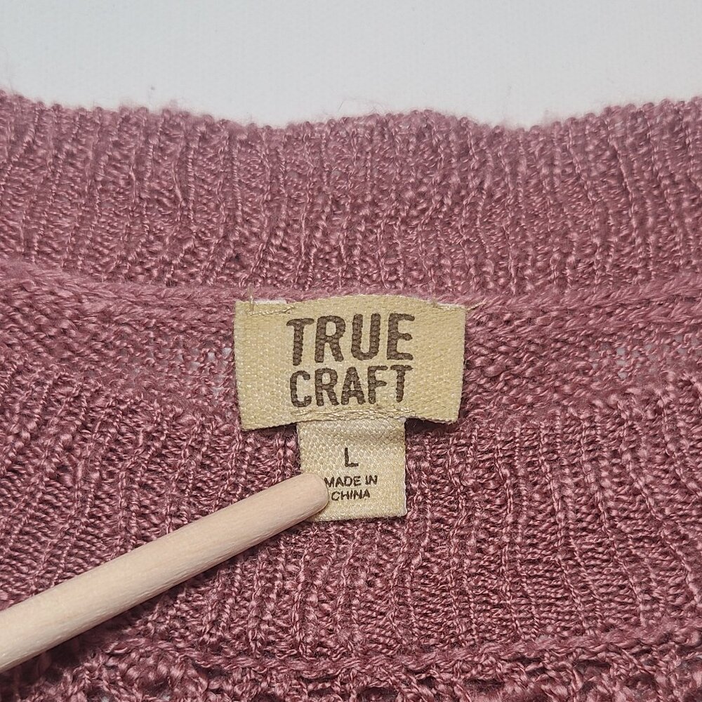 True Craft Dusty Rose Pink Open Knit Sweater – Size Large – Feminine Ruffle Hem - Picture 8 of 12